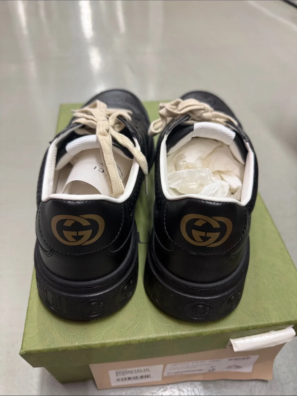 Gucci Black Leather Men's Low-Top Sneakers with Cream Laces